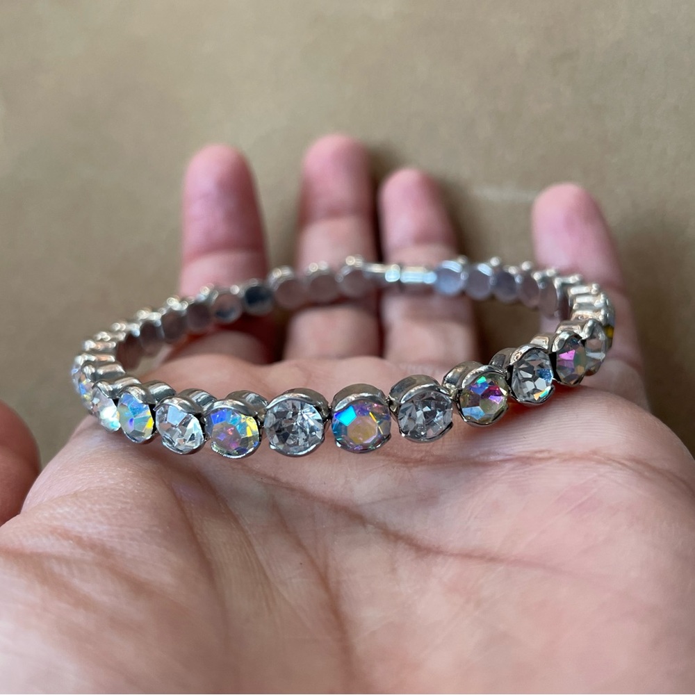 Rhinestone rainbow iridescent bracelet cuff magnetic closure glam 70s shine - Picture 3 of 5